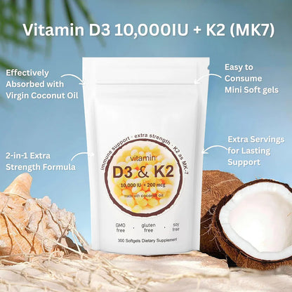 Vitamin D3 + K2 Softgels – 10,000 IU with MK-7