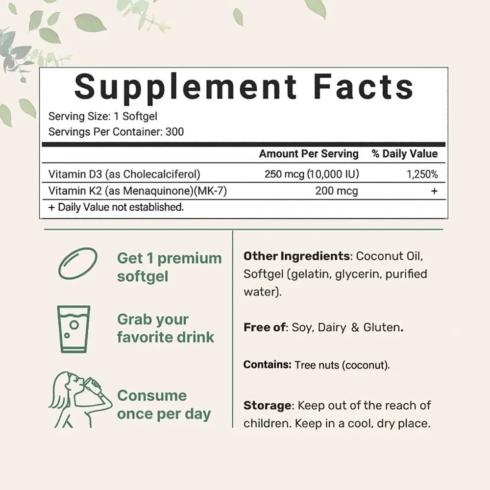Vitamin D3 + K2 Softgels – 10,000 IU with MK-7